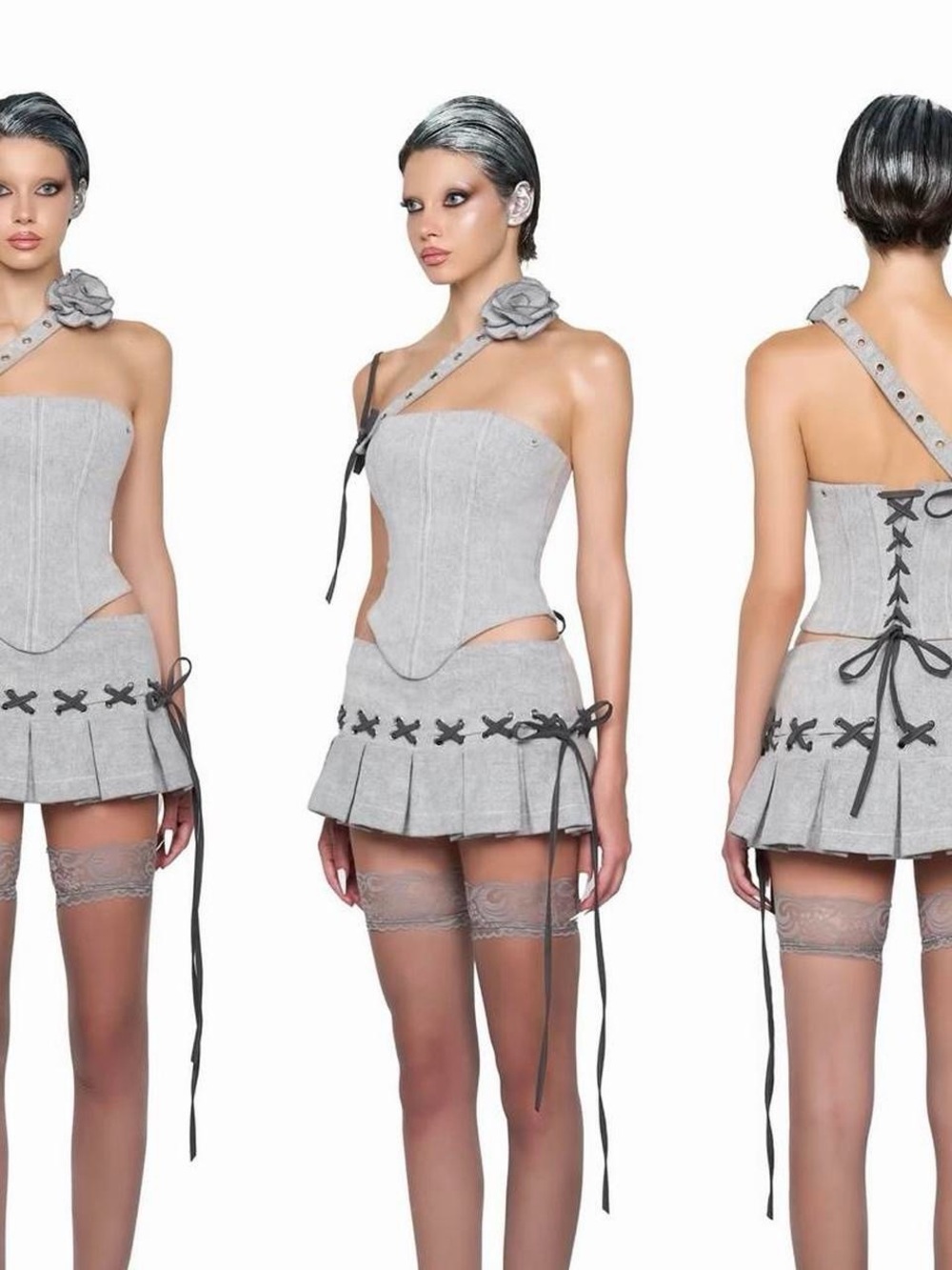 Gray Pleated Mini Skirt with Lace-Up Trim - Women Skirts Mini